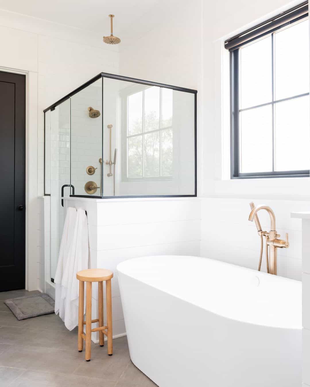 Corner Shower With Gold Hardware