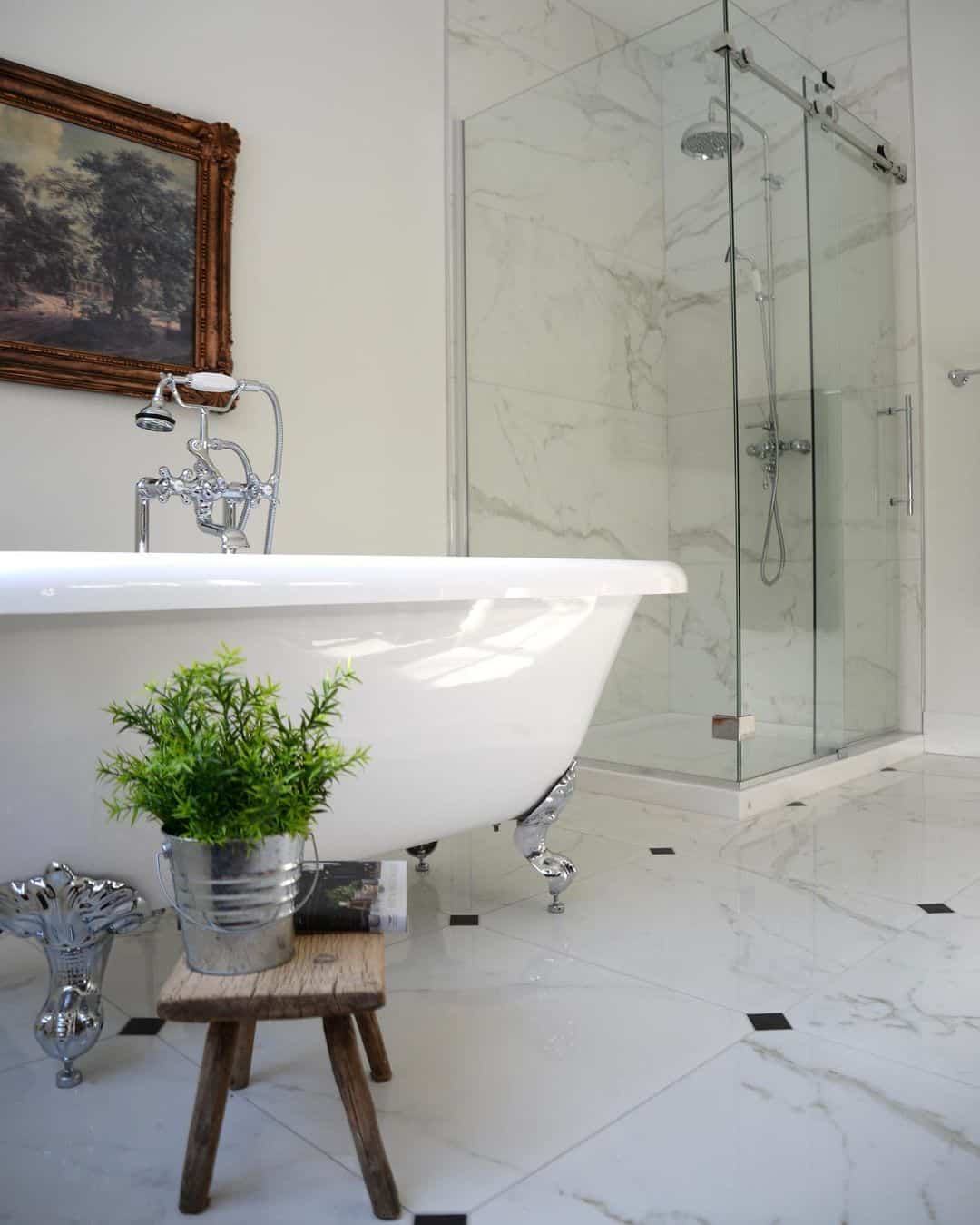 Corner Shower and a Marbled Backsplash