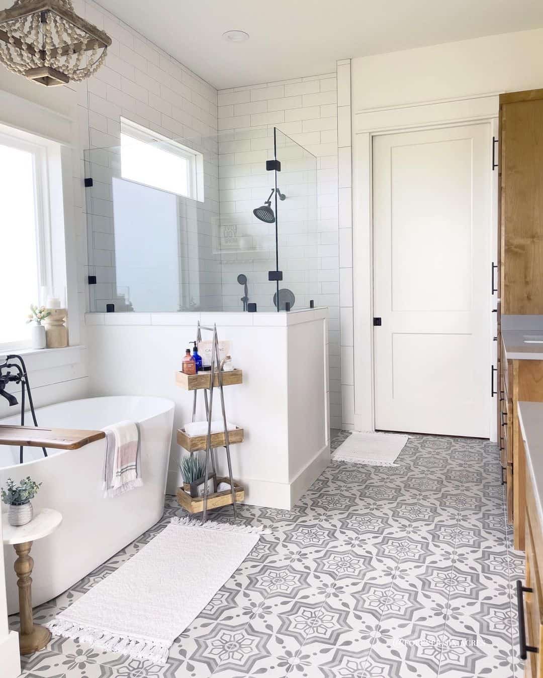 Ornate Grey and White Floor and a Corner Shower