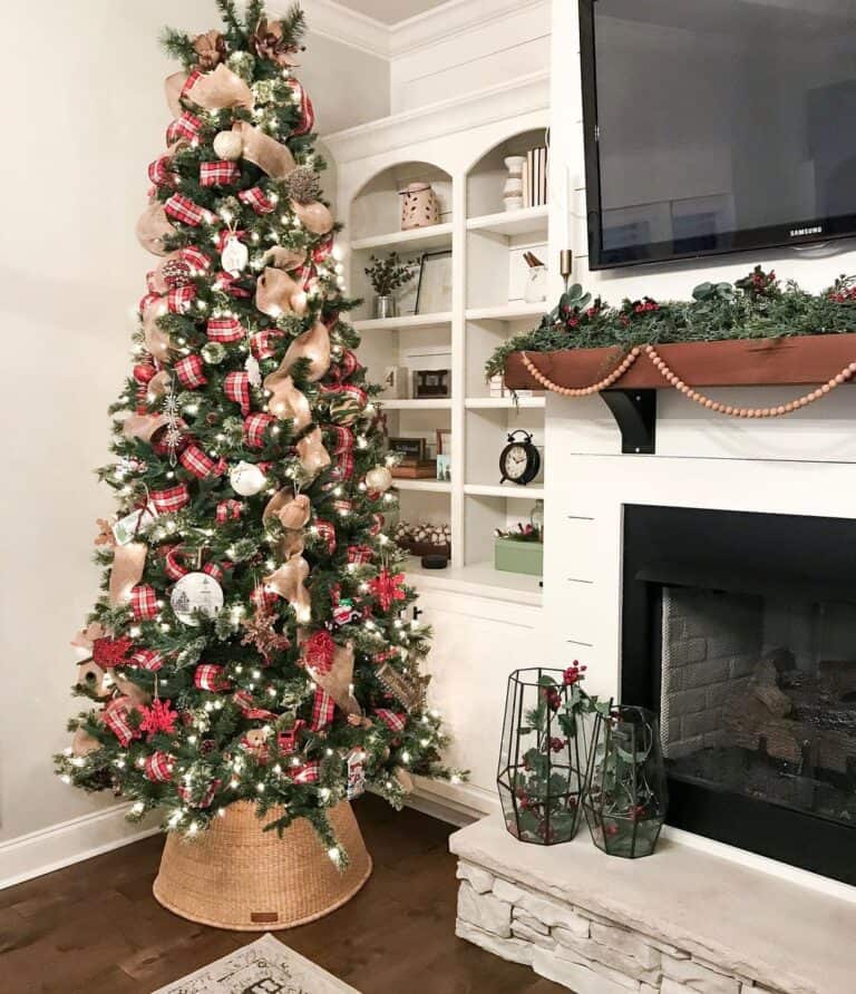 White Shiplap Living Room with Burlap Wrapped Christmas Tree