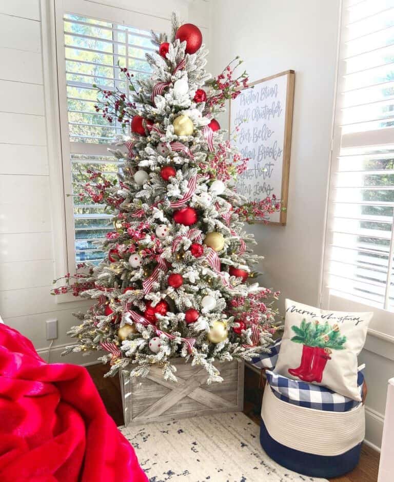 Frosted Christmas Tree with Red and White Decor