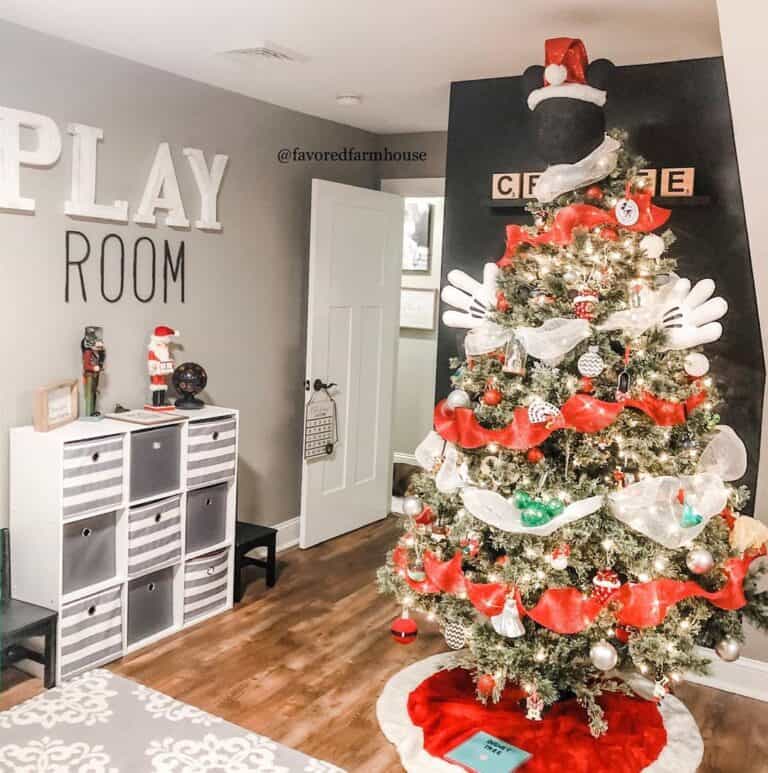 Disney-Themed Christmas Tree with Red and White Decorations