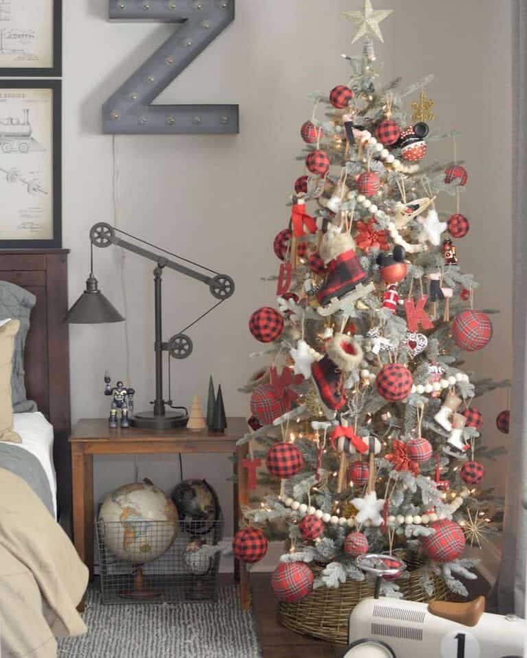 Red and Black Plaid Christmas Tree with White Beaded Garland