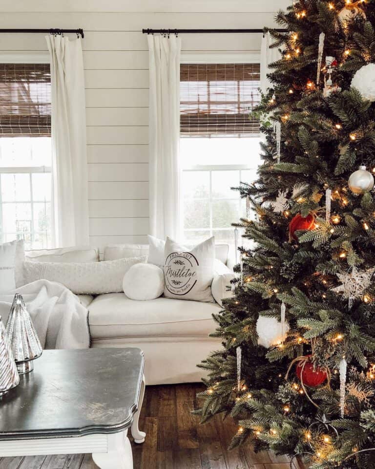 Red and White Christmas Tree with Icicle Ornaments