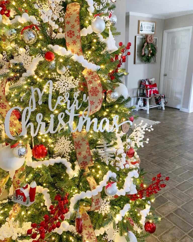Red and White Christmas Tree with Warm White Lights