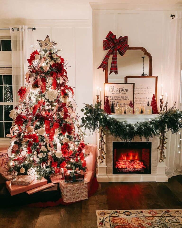 Christmas Tree with Red Bows and White Ornaments