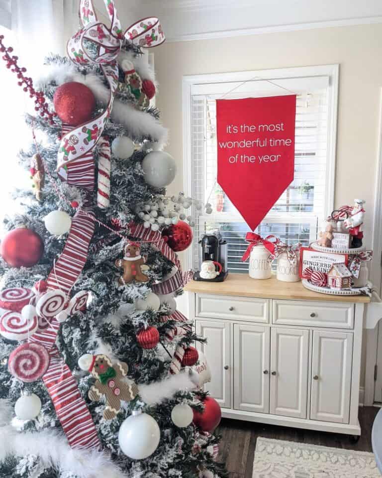 Frosted Christmas Tree with Red and White Christmas Tree Ornaments