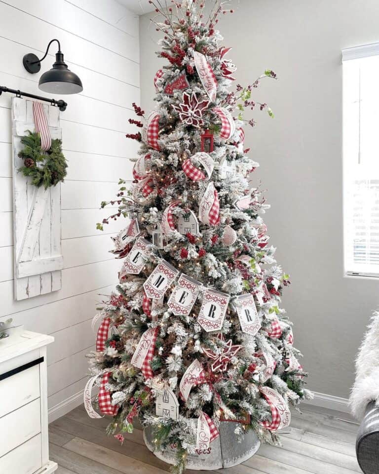 Christmas Tree with Red and White Bunting Decoration
