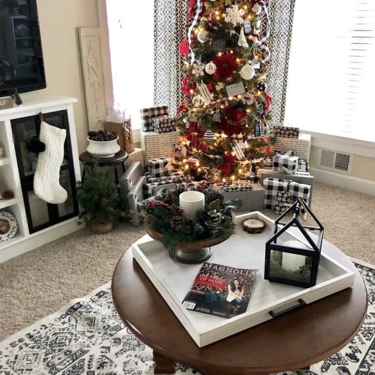 Black and White Plaid Christmas Tree with Red Ornaments