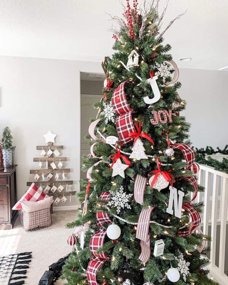 Loft with Red and White Christmas Tree