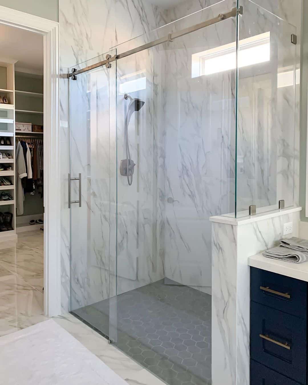 Small Window Inside Marble Slab Shower