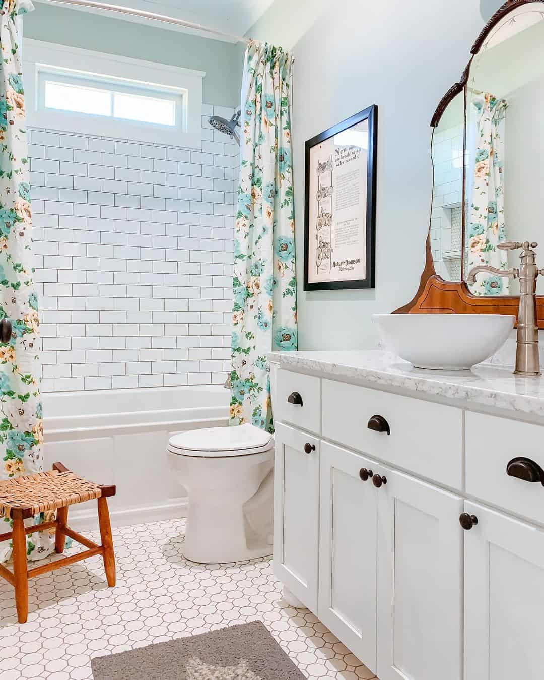 Floral Curtain Over Shower with High Window