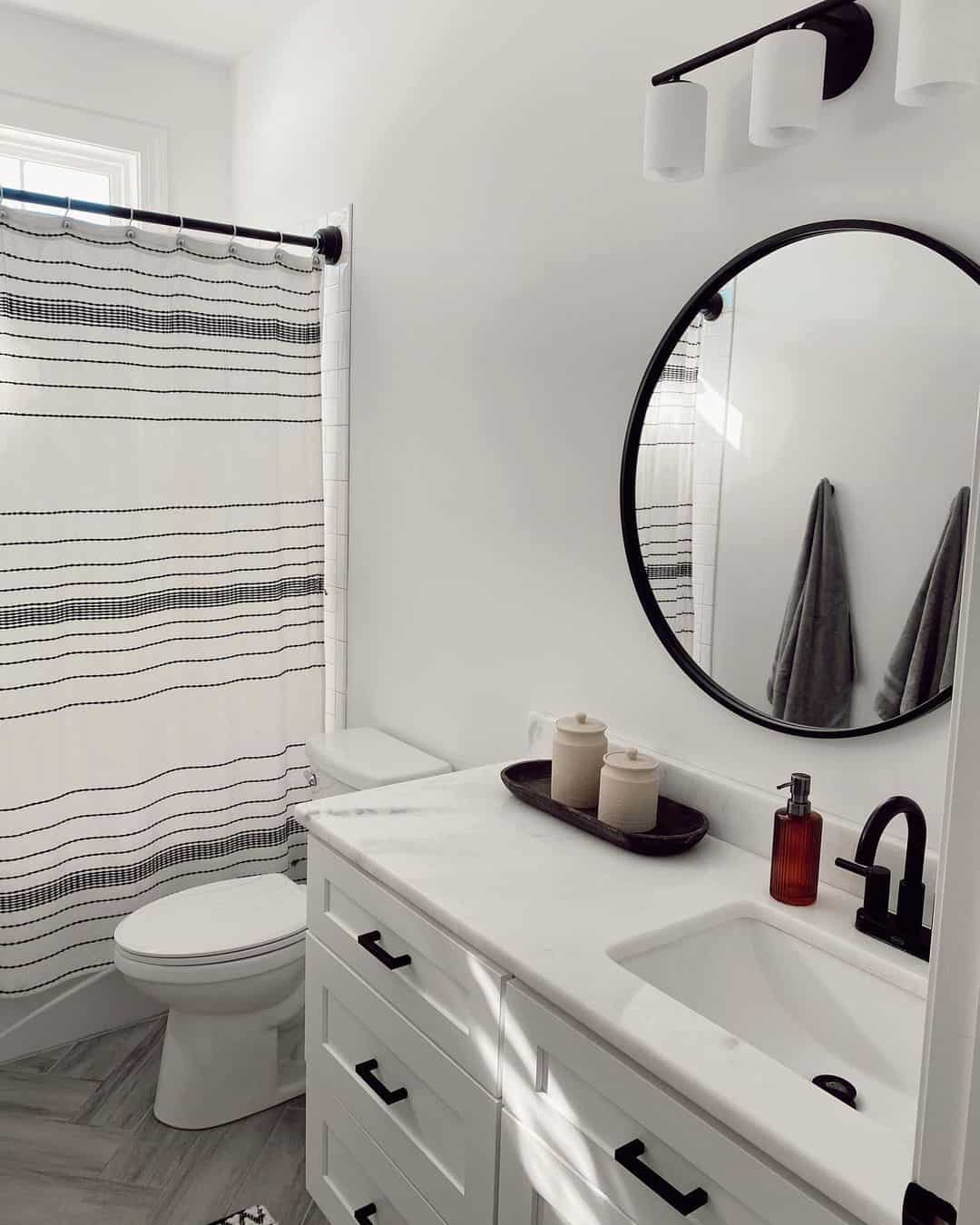 Shower with Window Inside with a Striped Curtain