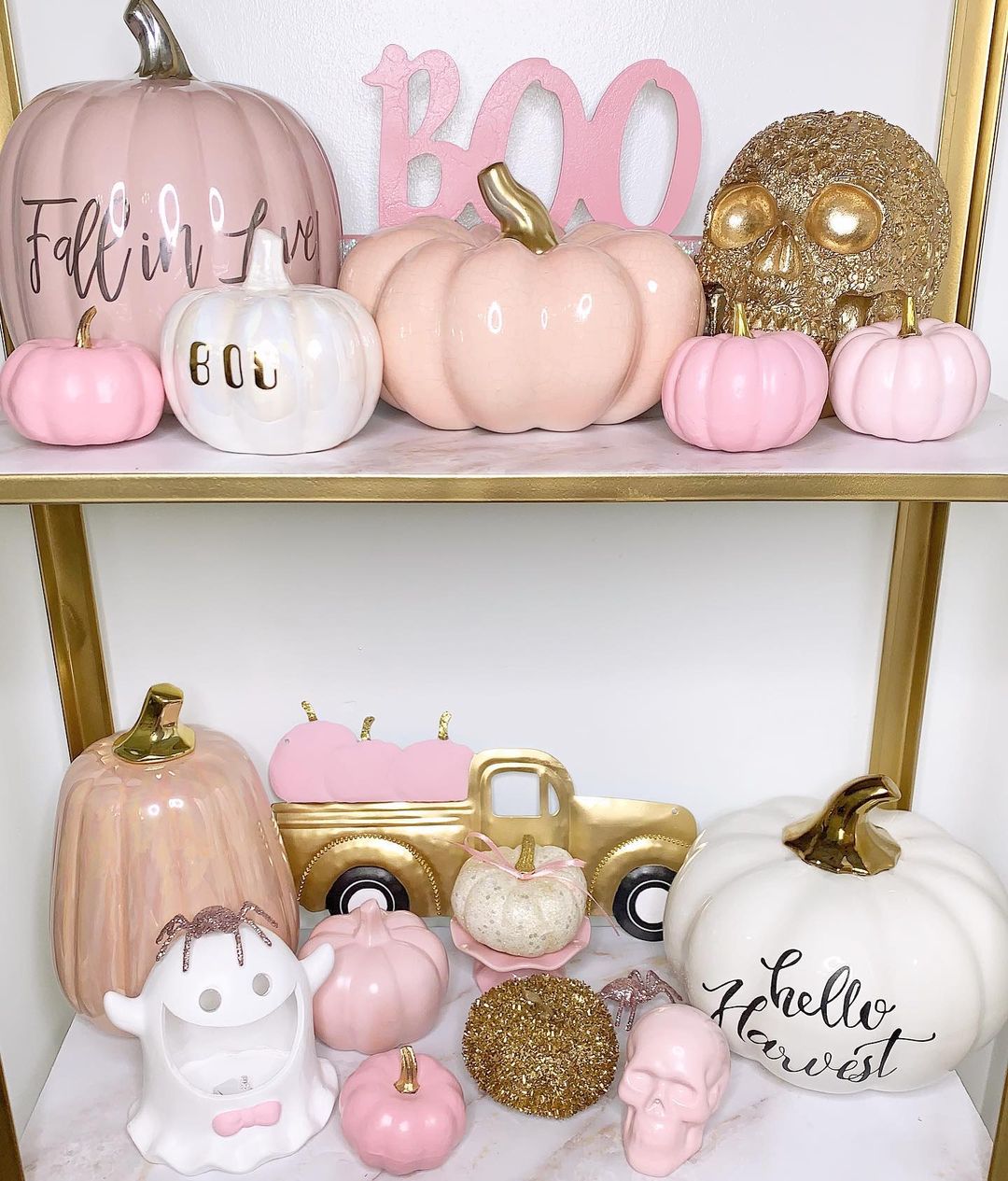 Arrange a Pink and Gold Shelf for Fall