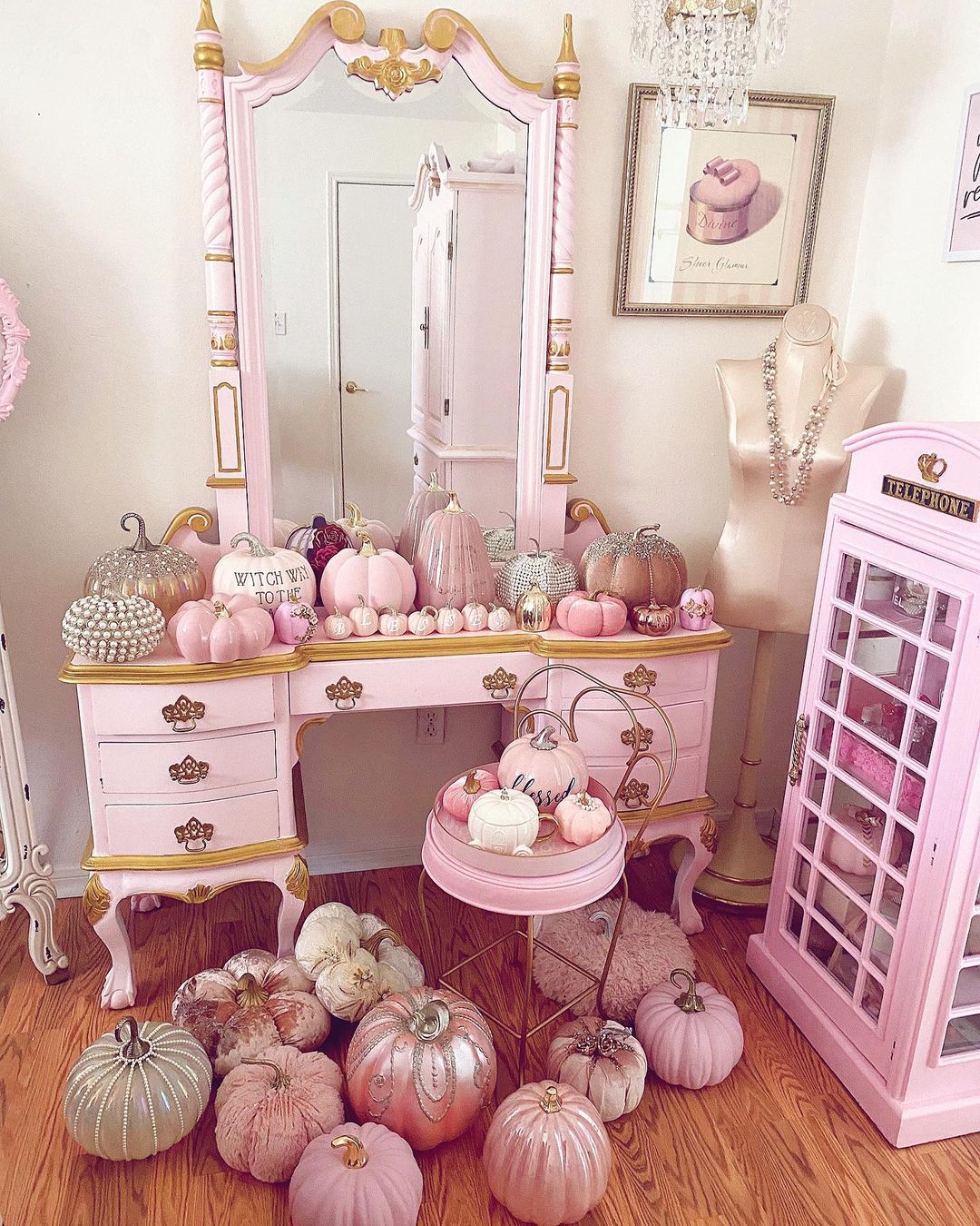 Dress Up a Vanity with Pink Pumpkins