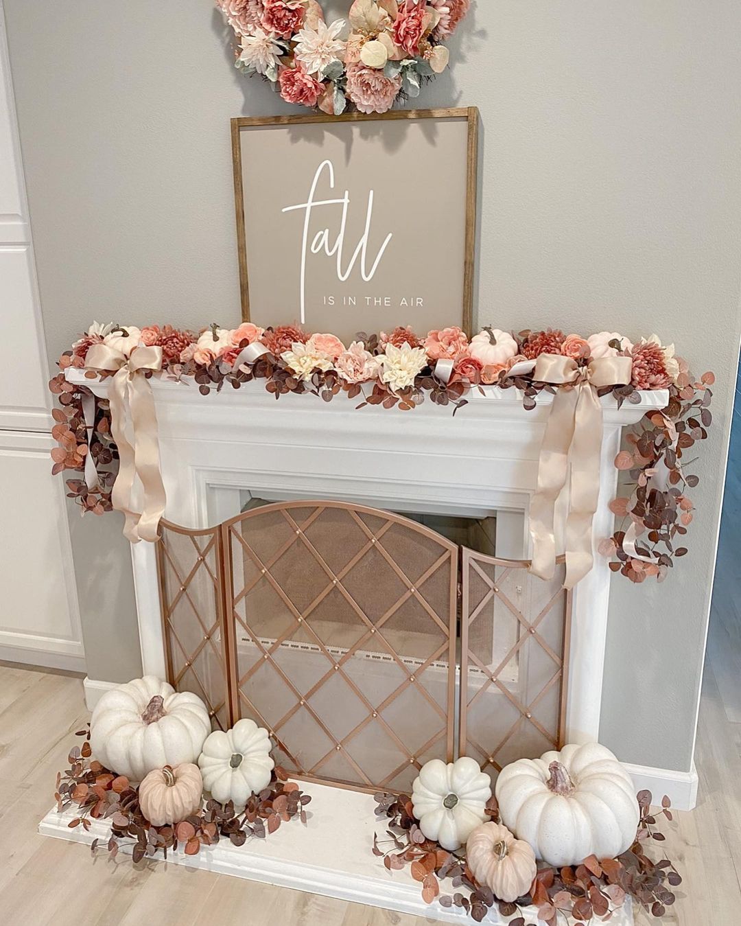 Pink and White Pumpkins for a Fall Mantel