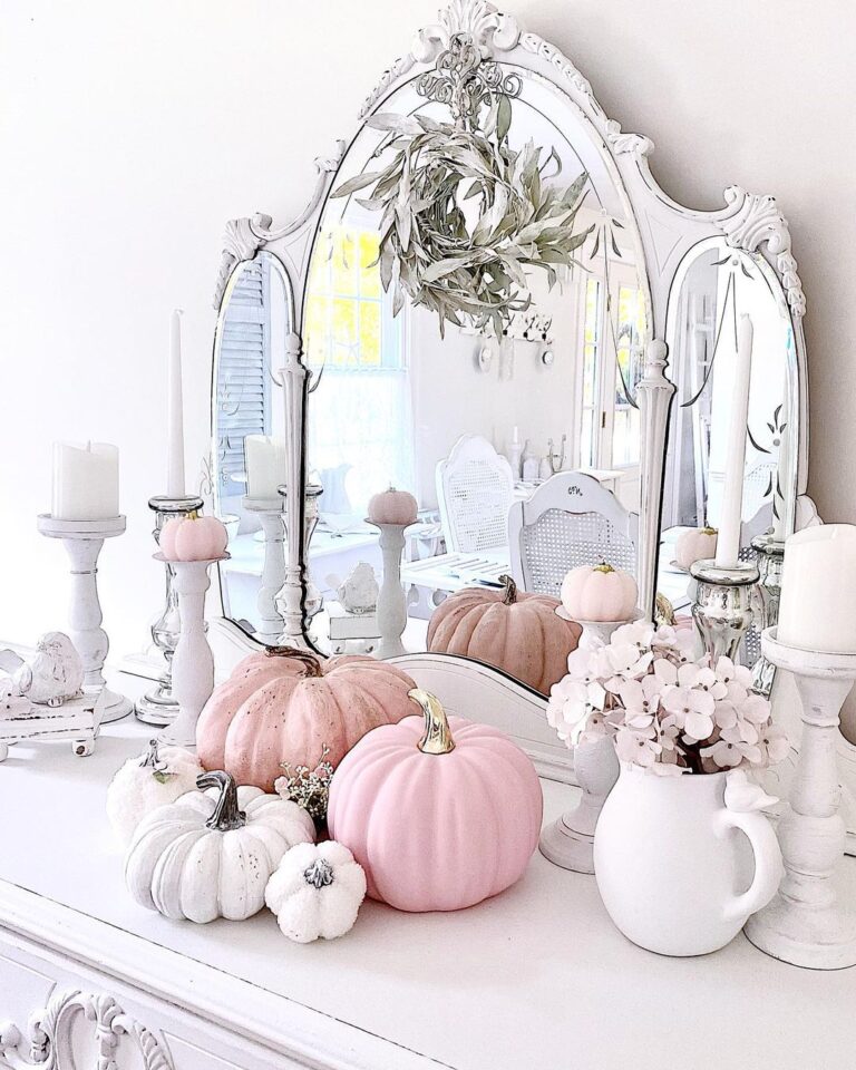 An Elegant Mantel Display with Pink Pumpkins