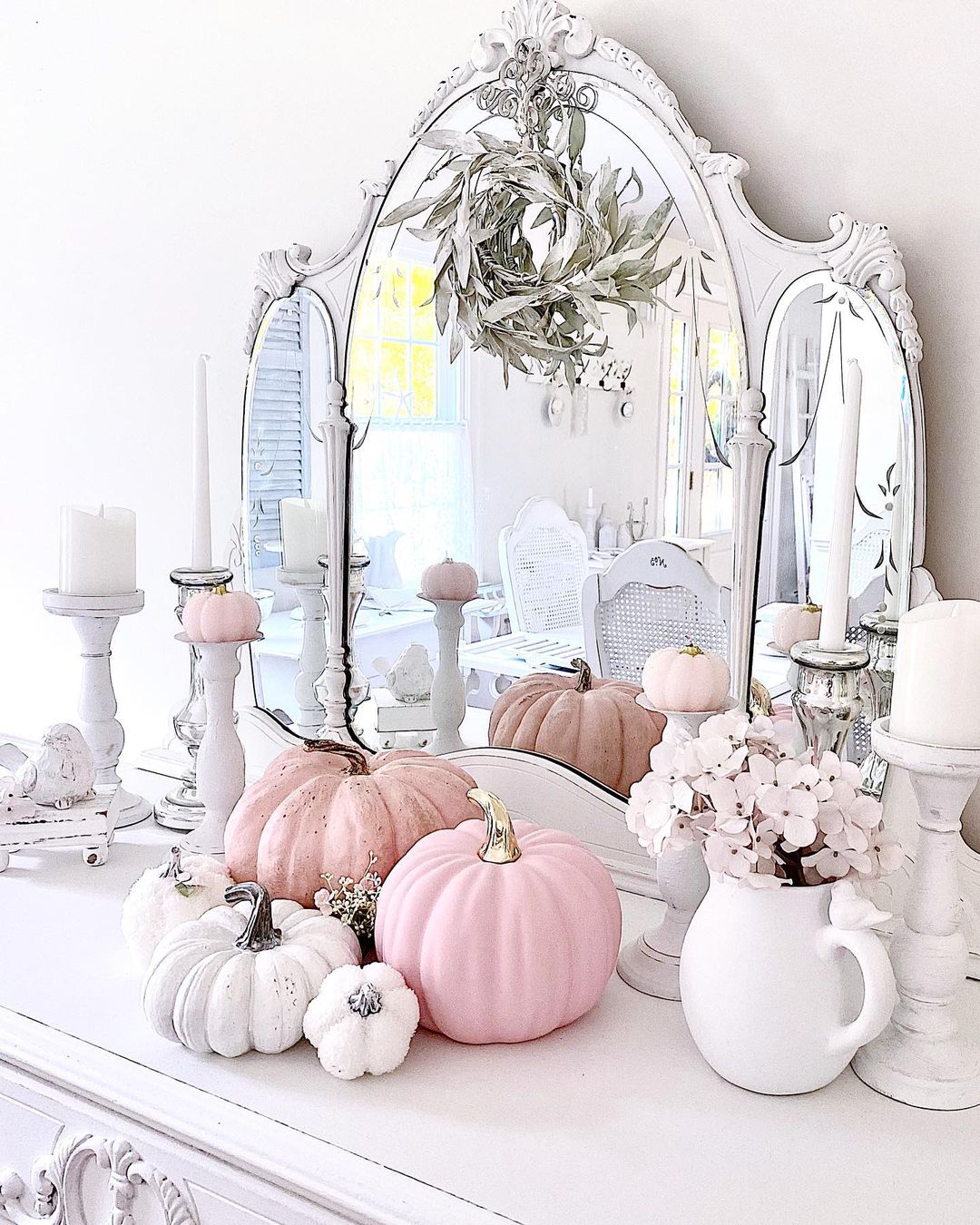 An Elegant Mantel Display with Pink Pumpkins