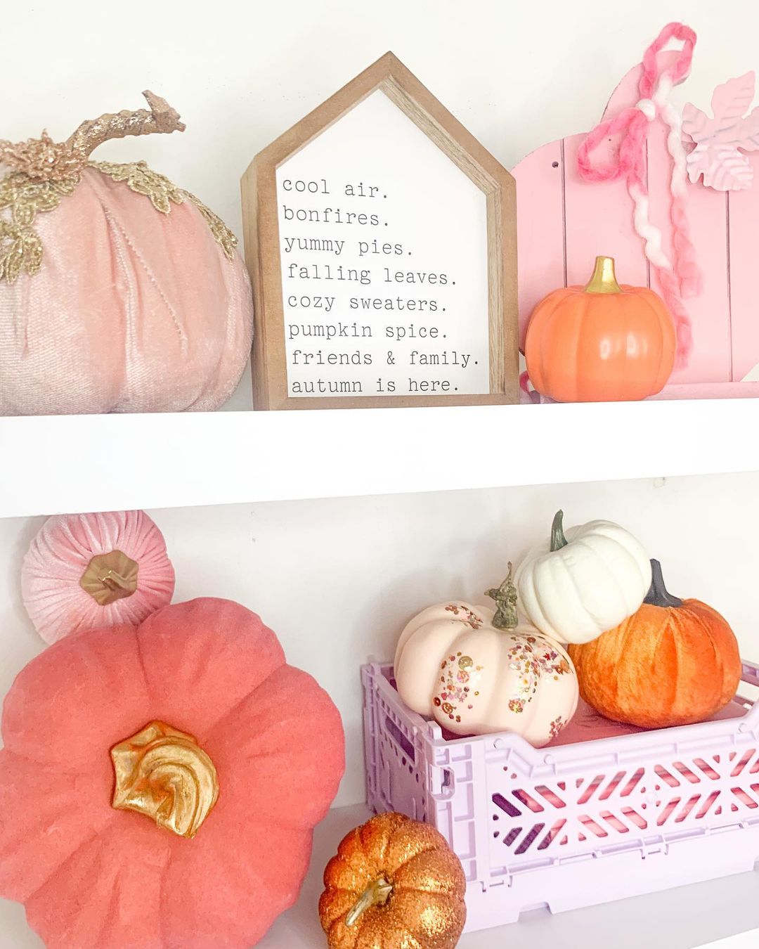 A Cozy Fall Shelf Display with Pink Pumpkins