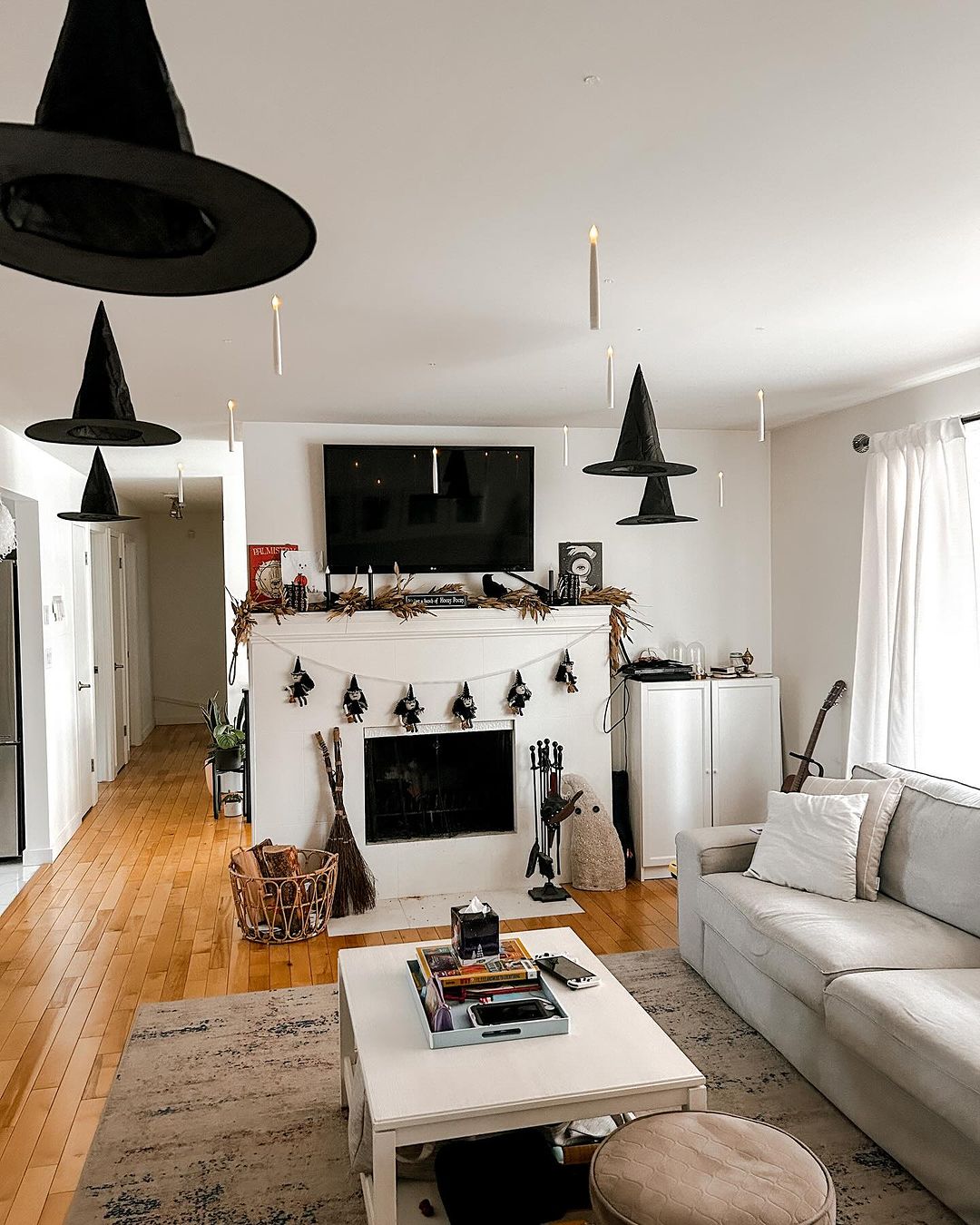 Magical Halloween Living Room with Floating Witch Hats