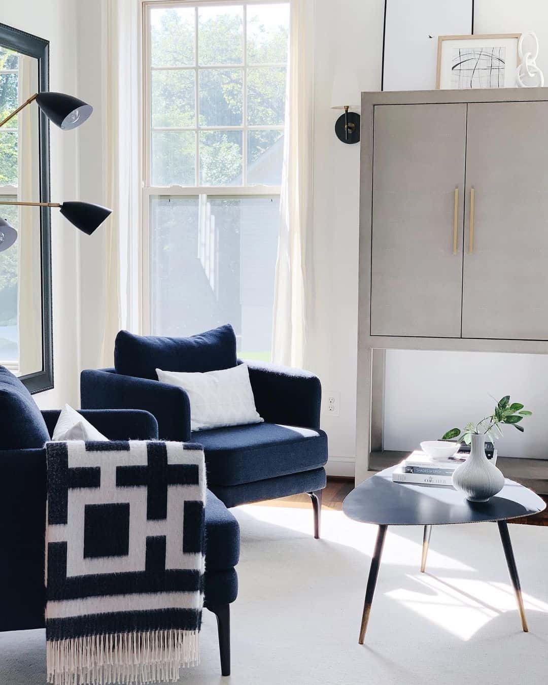 Dark Blue Chairs with White Throw Pillows