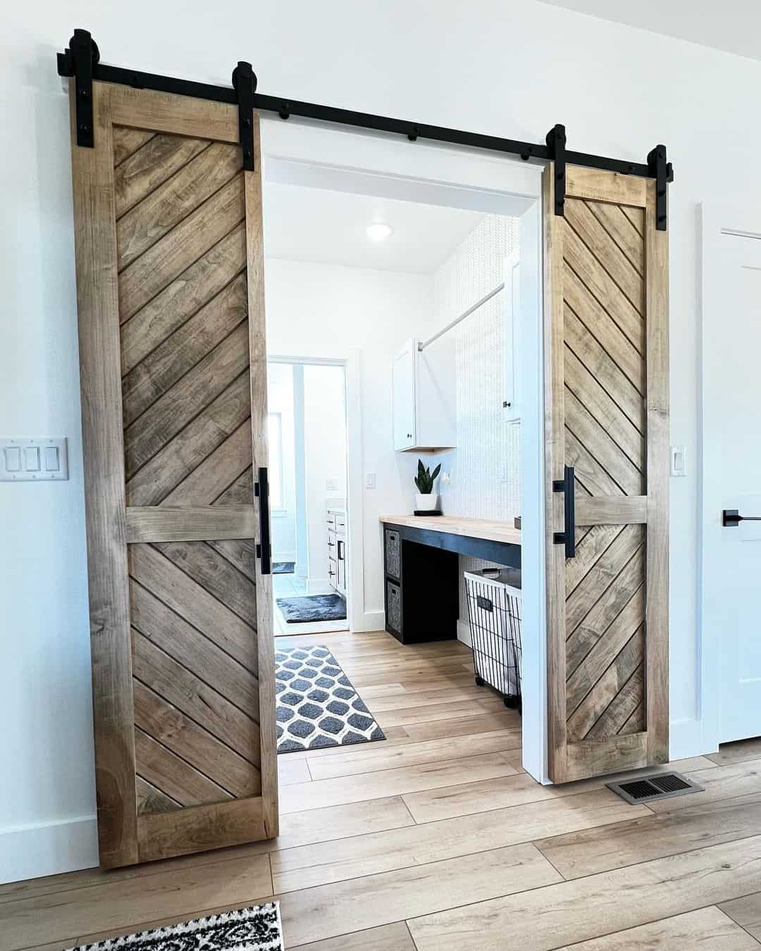 Split Wooden Barn Door in a Foyer