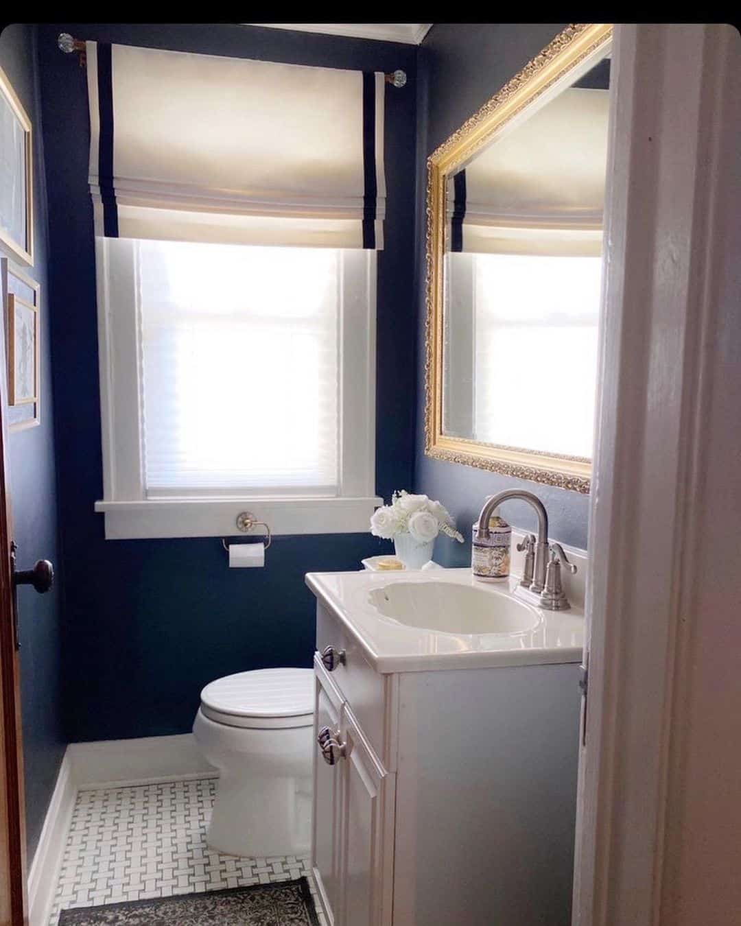 Dark Blue Bathroom with Basketweave Flooring