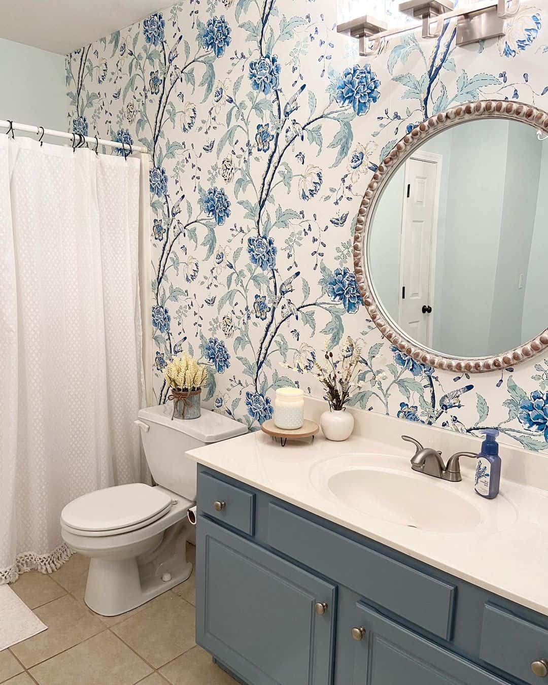 Floral Blue Wallpaper and Steel Blue Vanity