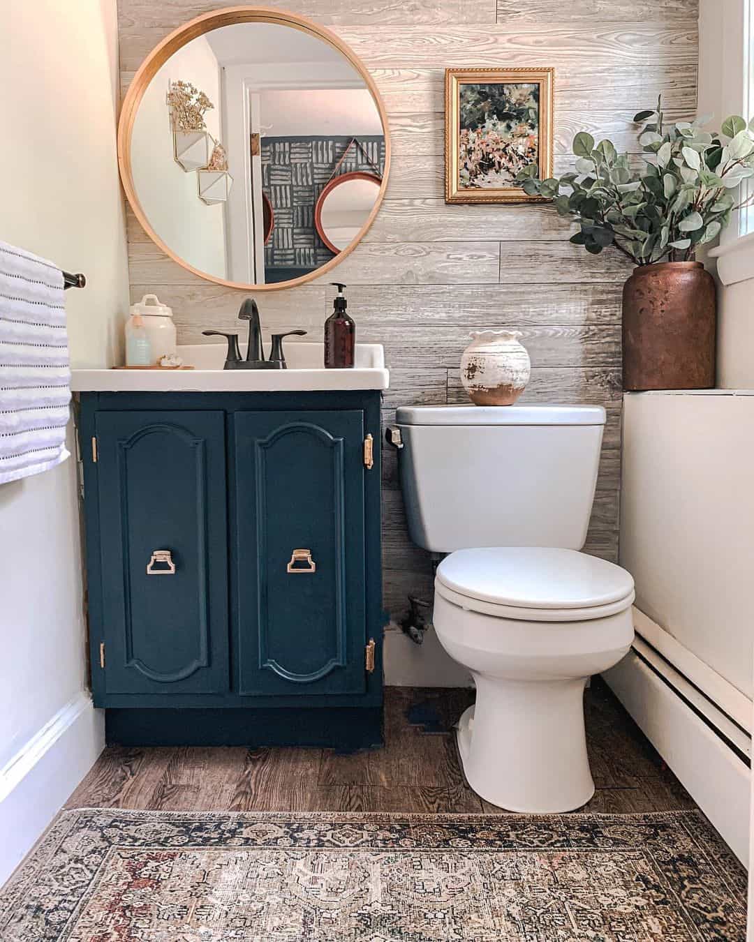 Bathroom Accent Wall with Dark Blue Vanity