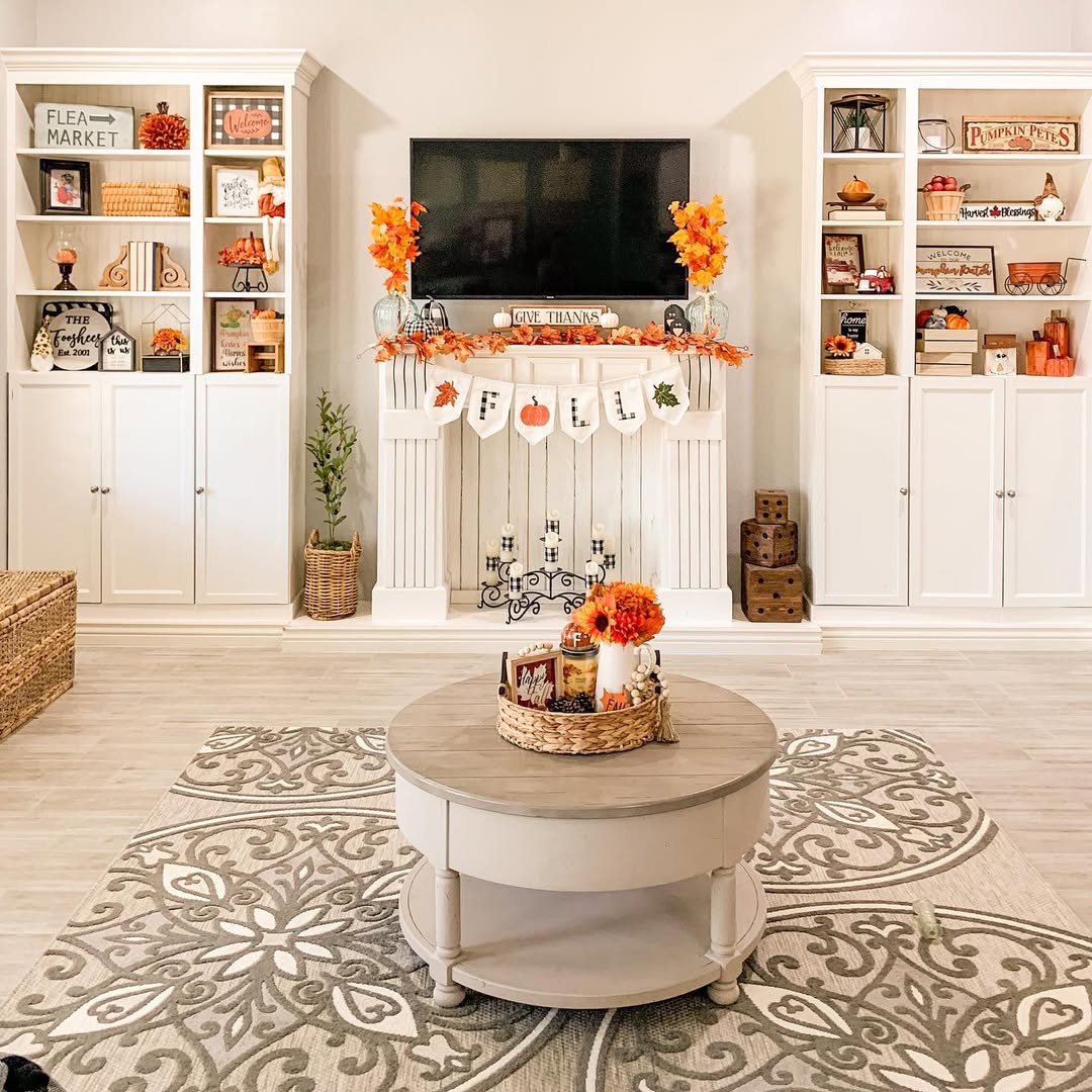 Pumpkins Line the Mantel