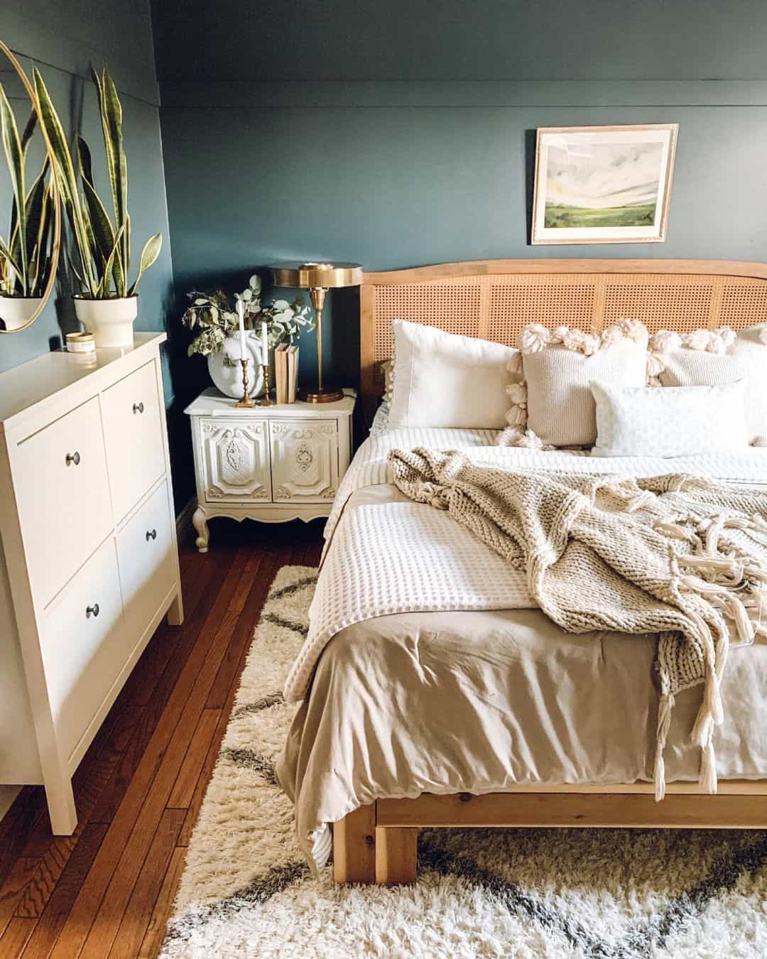 White Nightstand with Gold Bed Reading Light