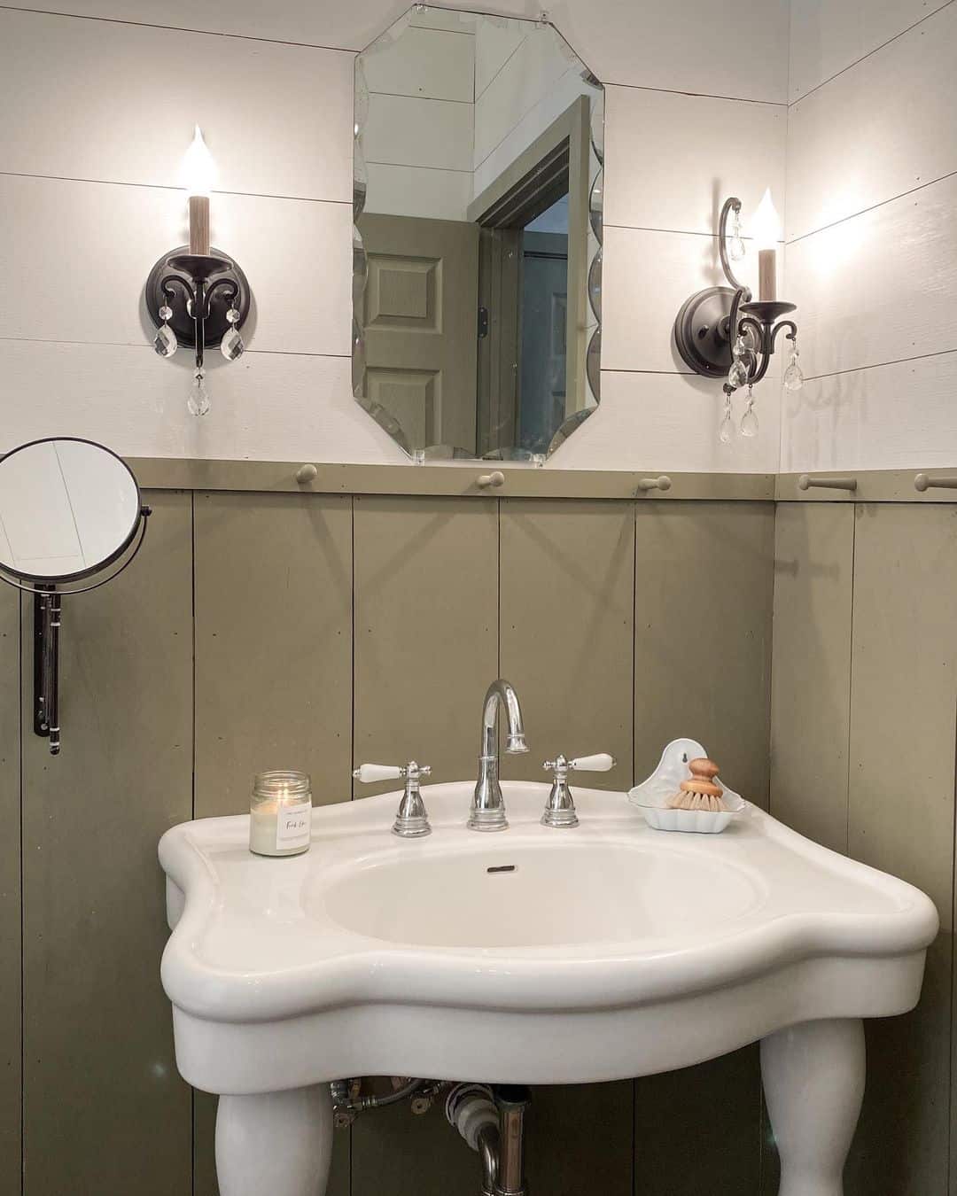 Olive Green Wainscoting in Cute Country Bathroom