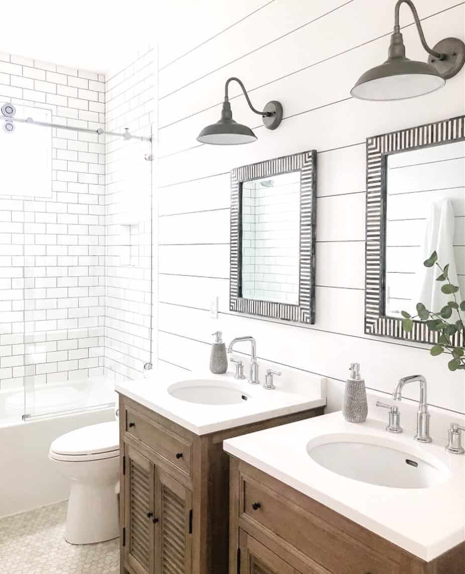 Charming Rustic Bathroom With Wood Vanities
