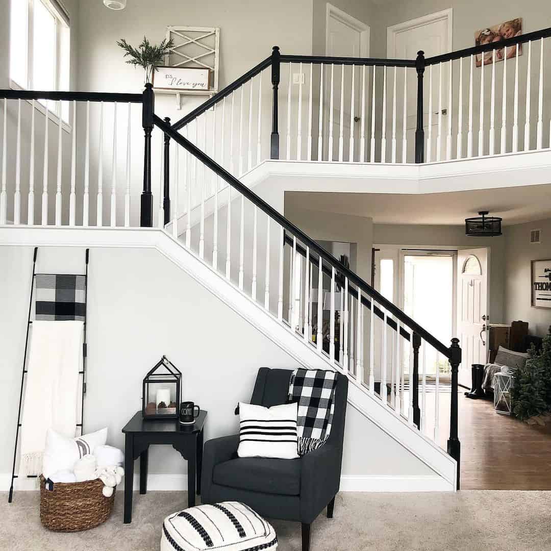 White Farmhouse Decor Going Up Stair Landing