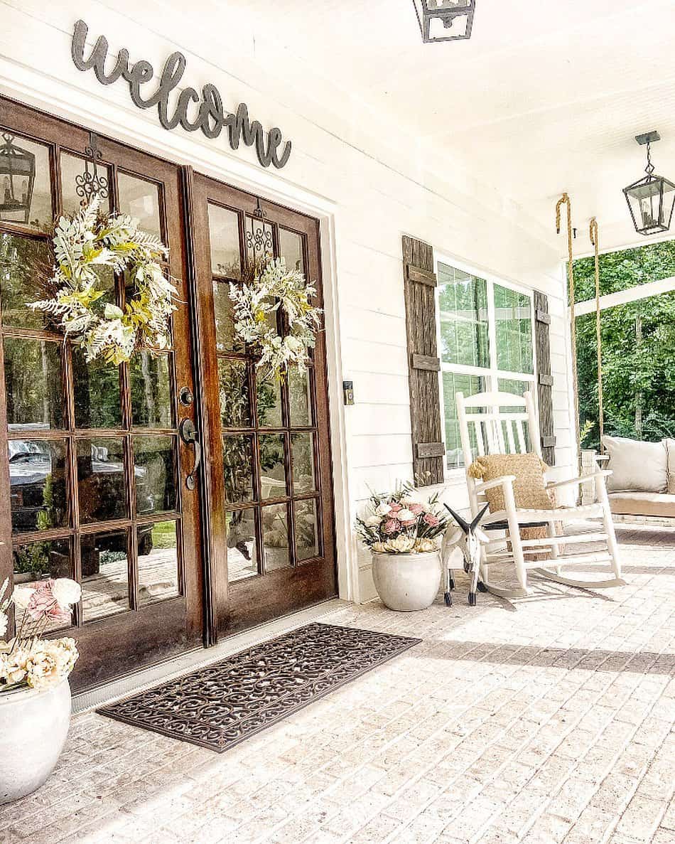Stained Wood Double Doors With Black Entrance Sign