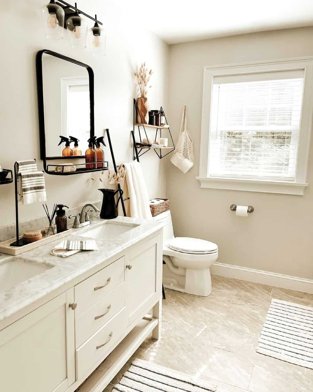 White Vanity With Black Bathroom Towel Holder Ideas