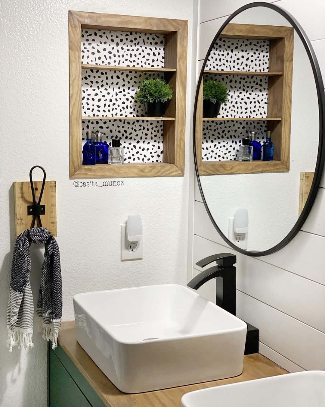 Wood and Black Metal Bathroom Towel Holder
