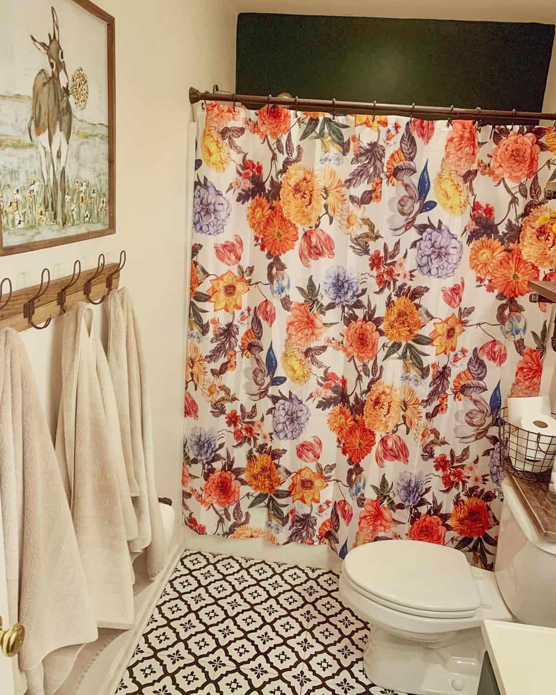 Bathroom With Wood and Black Metal Towel Rack