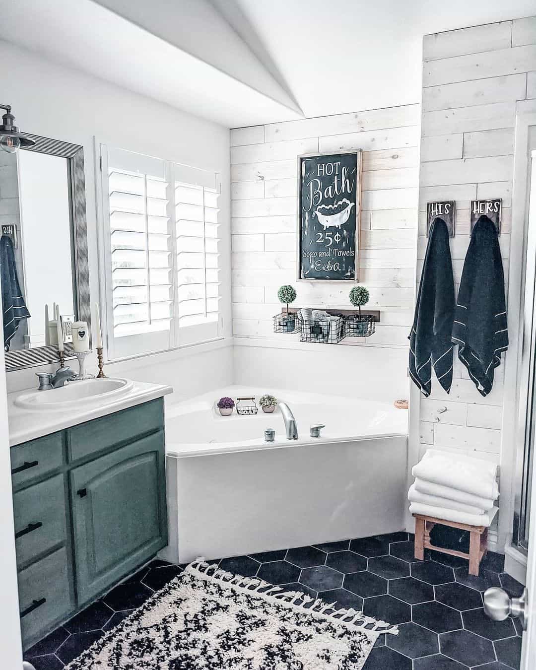 Corner Bathtub With Blue Vanity