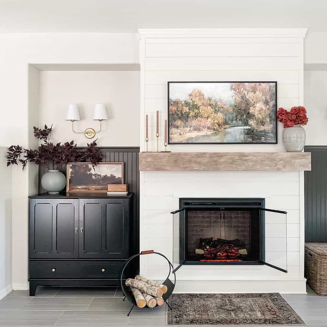 Modern Black Iron Firewood Holder for a White Fireplace