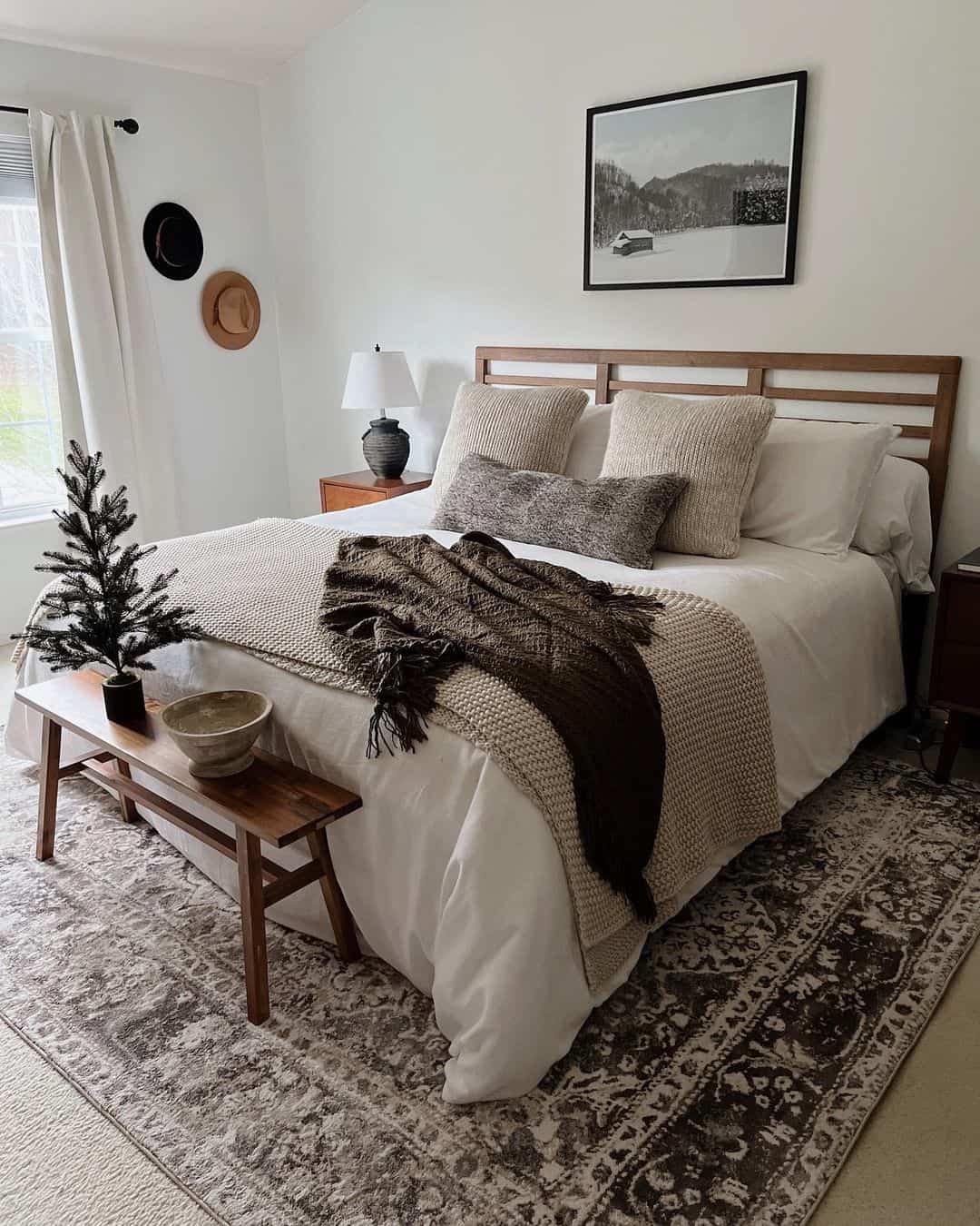 Modern Bed Cetered over Patterned Rug