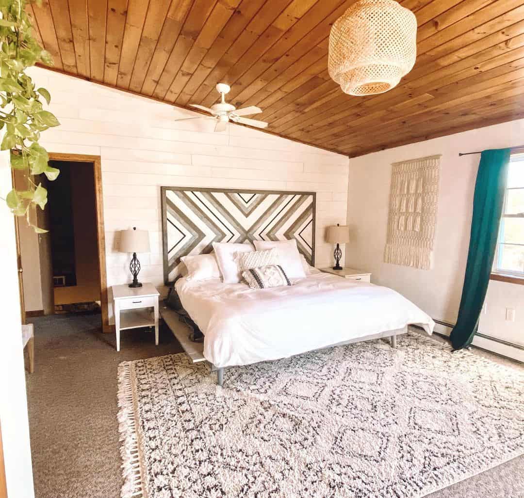 Boho bedroom with Tongue-And-Groove Ceiling