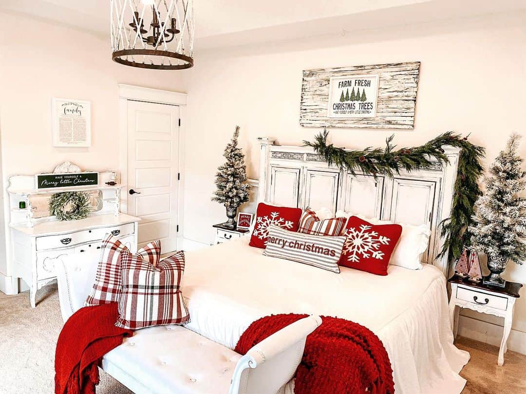 Cozy Farmhouse Bedroom With Red Accents