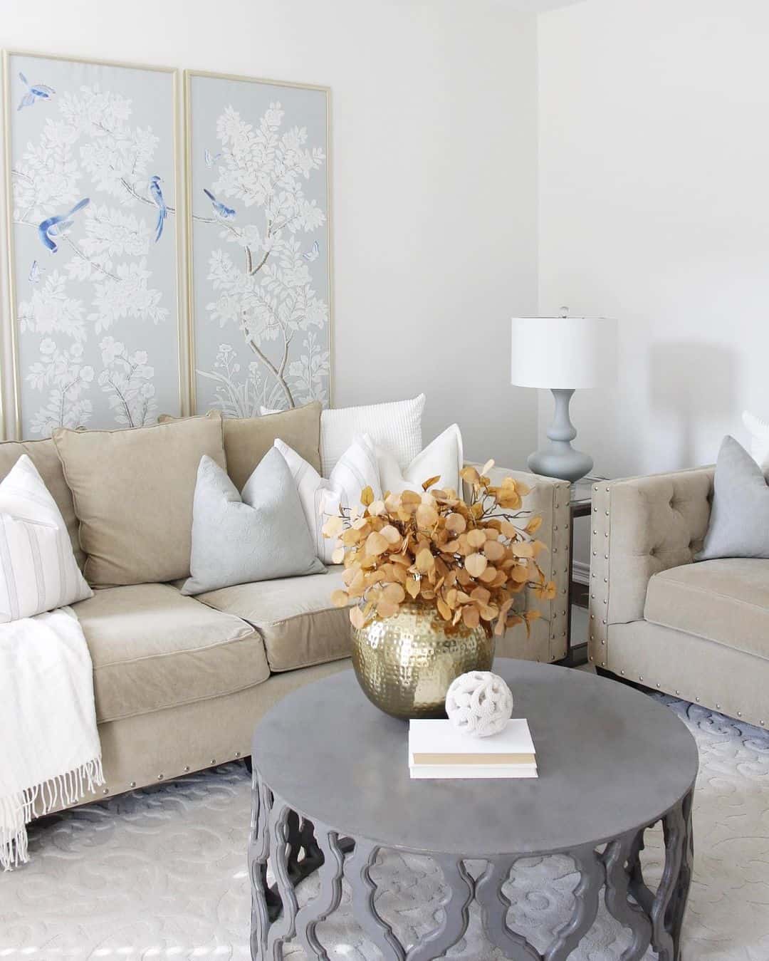 Dramatic Golden Vase on Gray Coffee Table