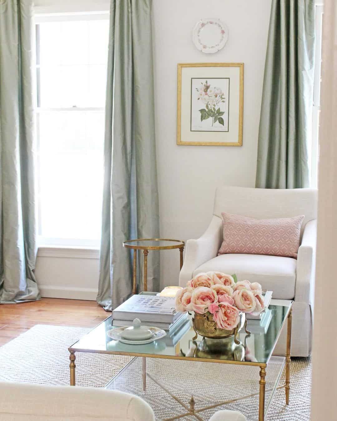 Brass Tables and Mint Green Drapes