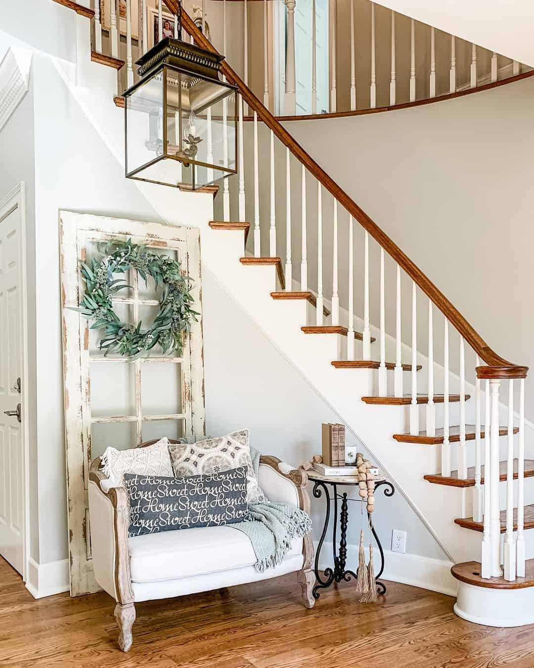 Curving Hardwood Staircase with White Wood Trim