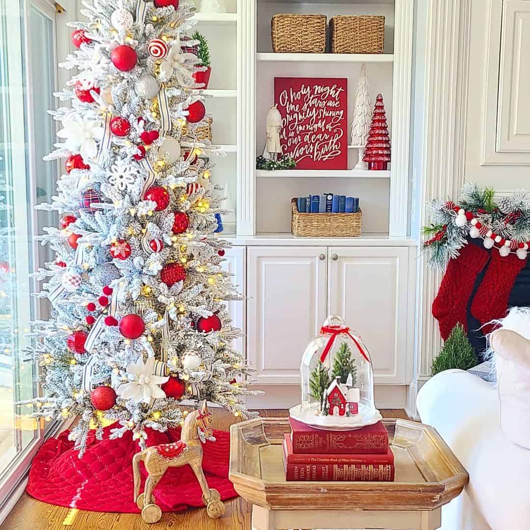 Flocked Christmas Tree with Red and White Ornaments