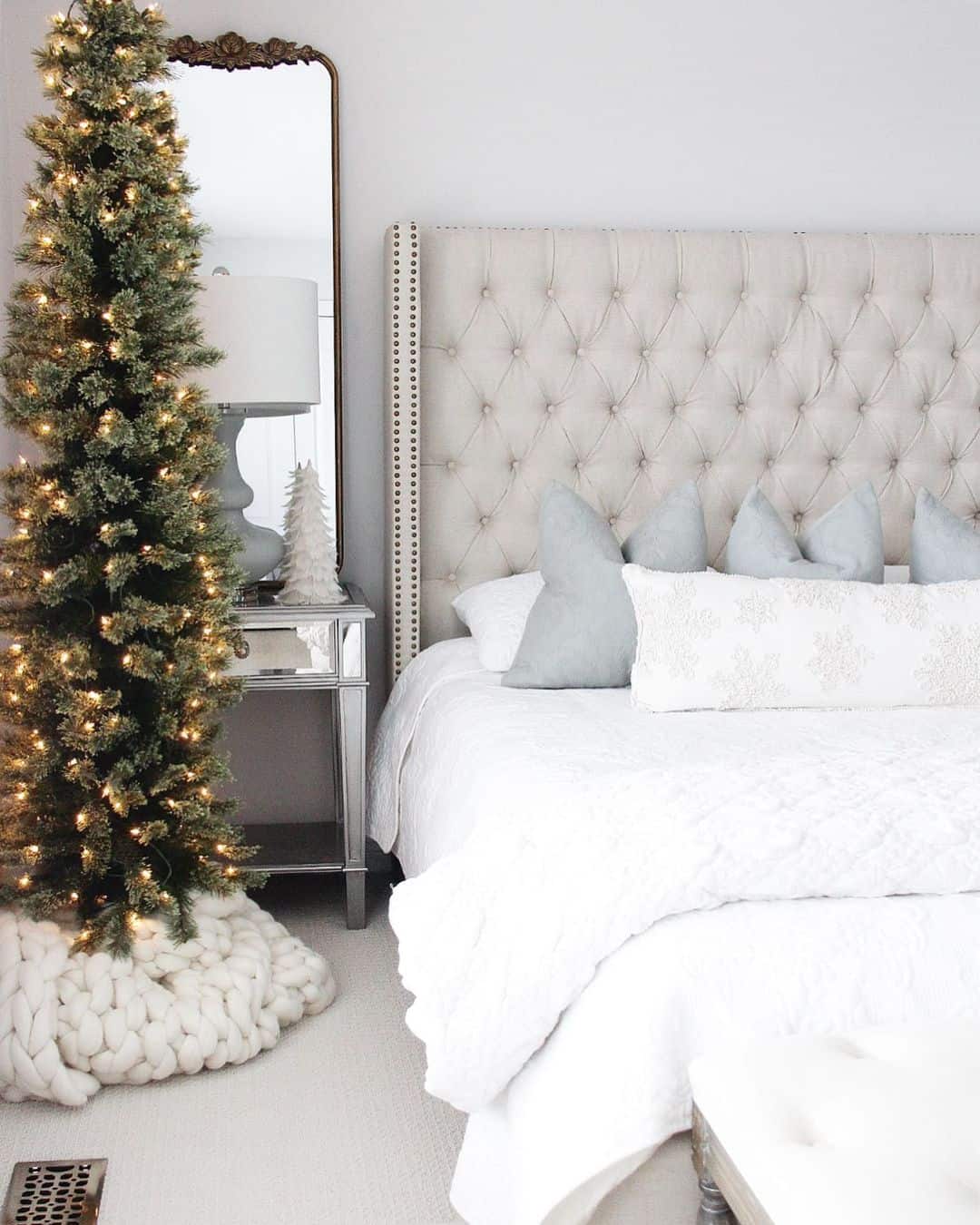 Chunky Knit Christmas Tree Skirt and Tufted Headboard