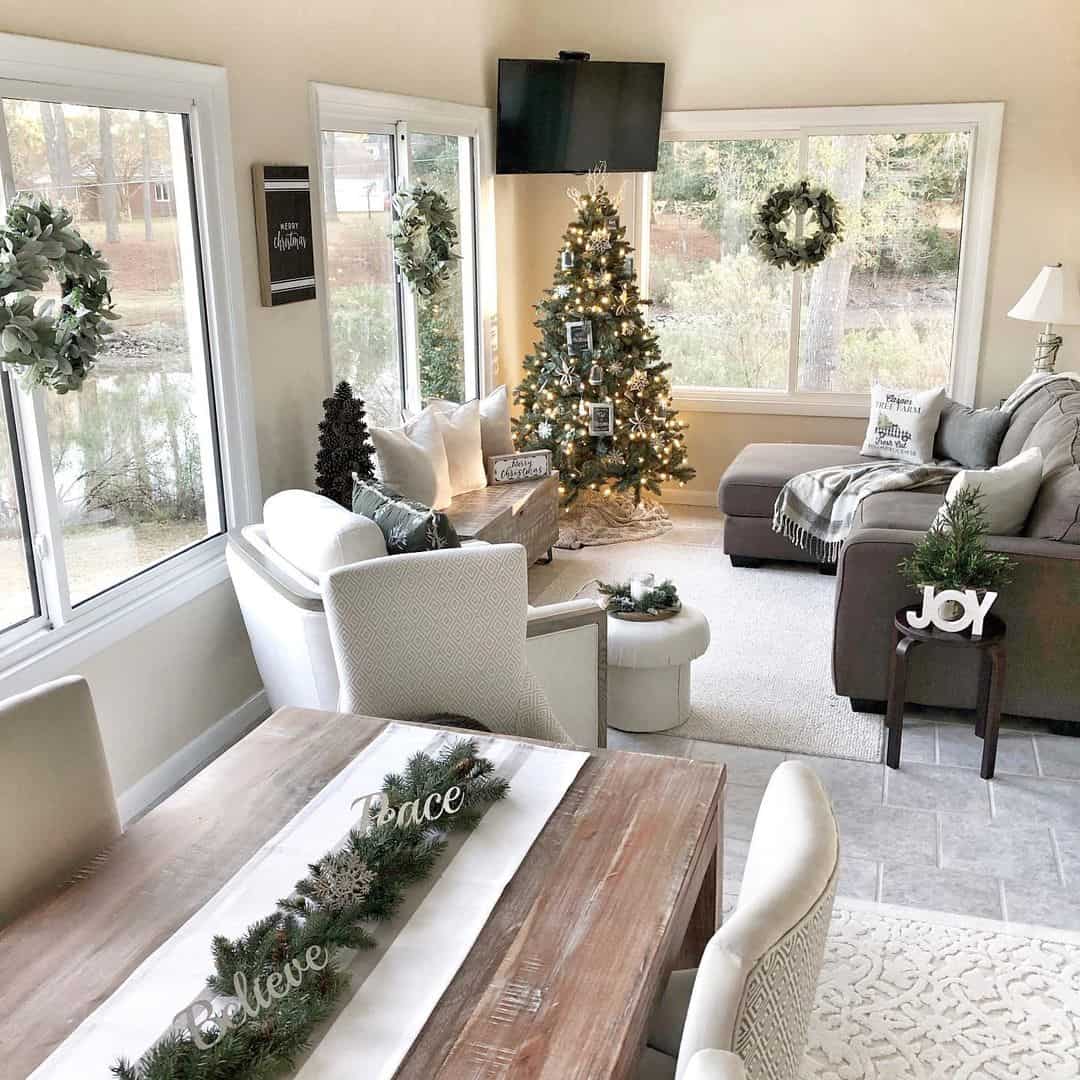 Window Wreaths Complement Cream Living Room Walls