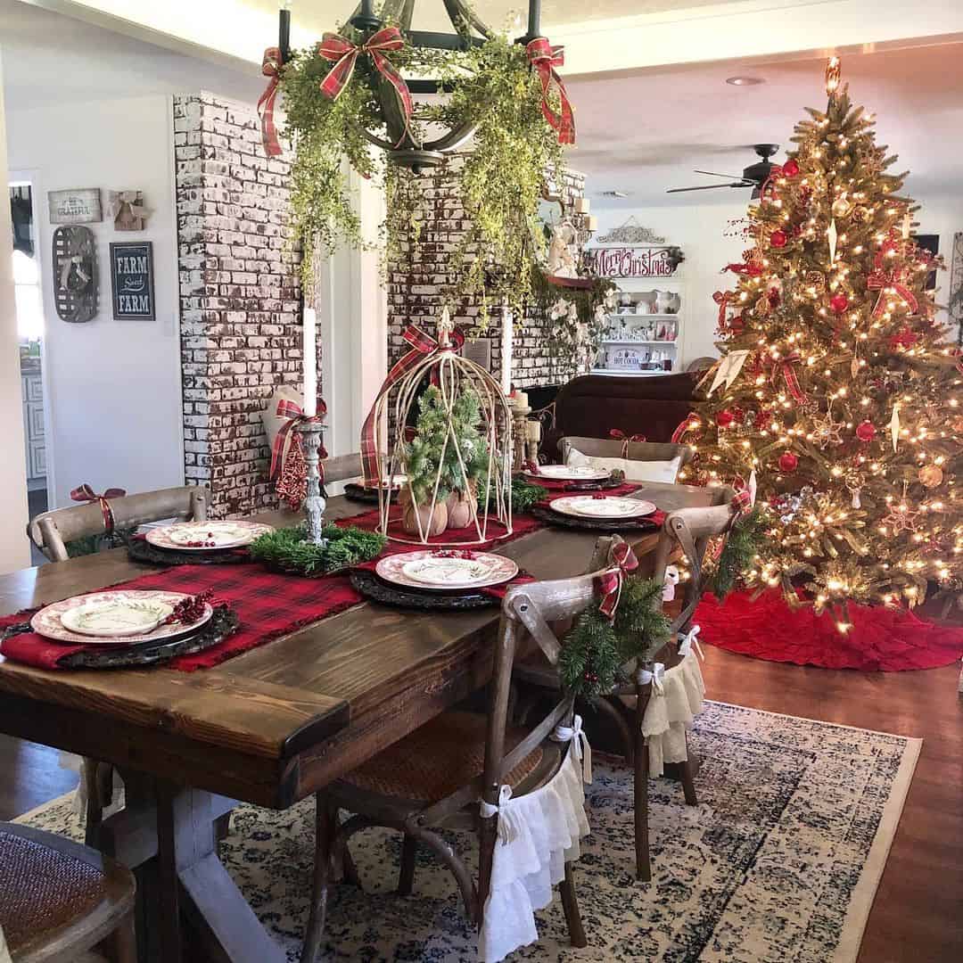 Wood Dining Table with Tartan Runner
